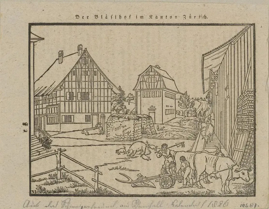 Alte Skizze eines Bauernhofes.  
